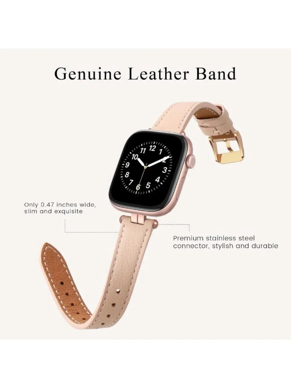 Stylish Thin Leather Apple Watch Band 38mm 40mm 41mm 42mm - Slim Wristband, Pink